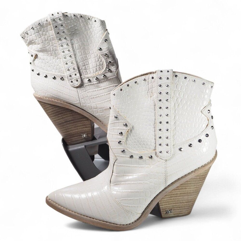 Sam Edelman Iris Studded Heeled Western Boots Women's 9m White Croc Print